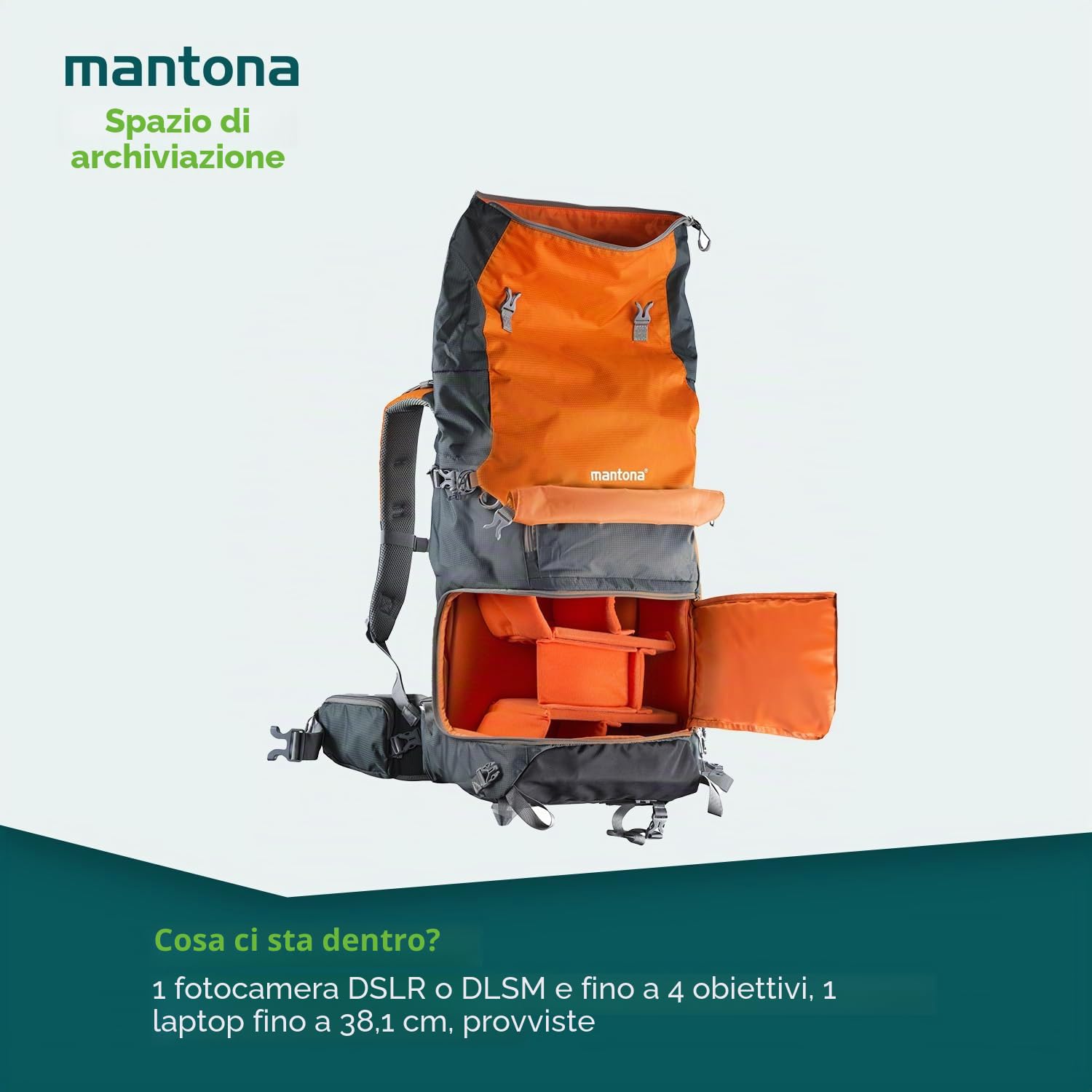 Mantona ElementsPro 50 Outdoor und Kamerarucksack (geeignet fr 1 bis 2 Kameras, 4 bis 5 Objektive, Netzteil und Zubehr, Laptop-Fach bis 15 Zoll, aus praktischem Nylon mit Regenschutz) grau/orange