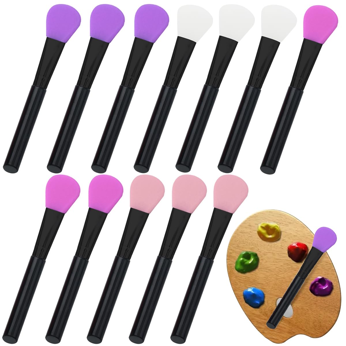 Ainvhh 12 Pcs Silicone Magic Brushes, Fan-shaped Blending Brush Set for DIY Painting Mixing & Spreading, Black, White, Purple, Pink, Silicone Material
