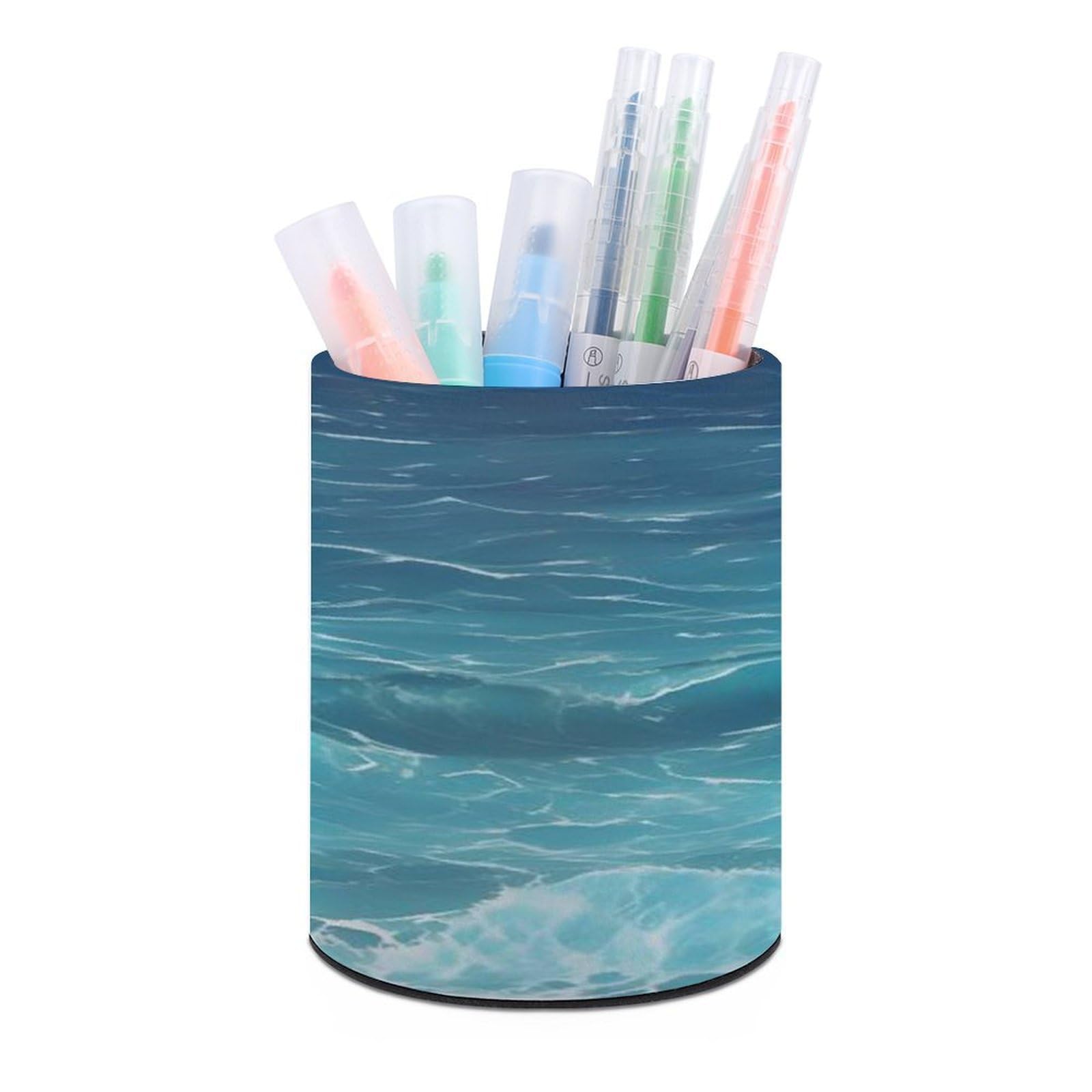 The Deep Ocean Pen Holder Multi-Functional Round Pencil Holder Cute Office Decoration Pen Cups Simple Design PU Leather Paintbrush Cups for Home Office Desk