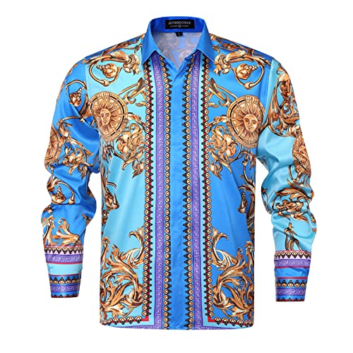 Camisa de vestir con botones de satén para hombre, de lujo, estampada, de seda, para fiesta, baile, manga larga, ajustado, floral, para discoteca, multicolor,, Large
