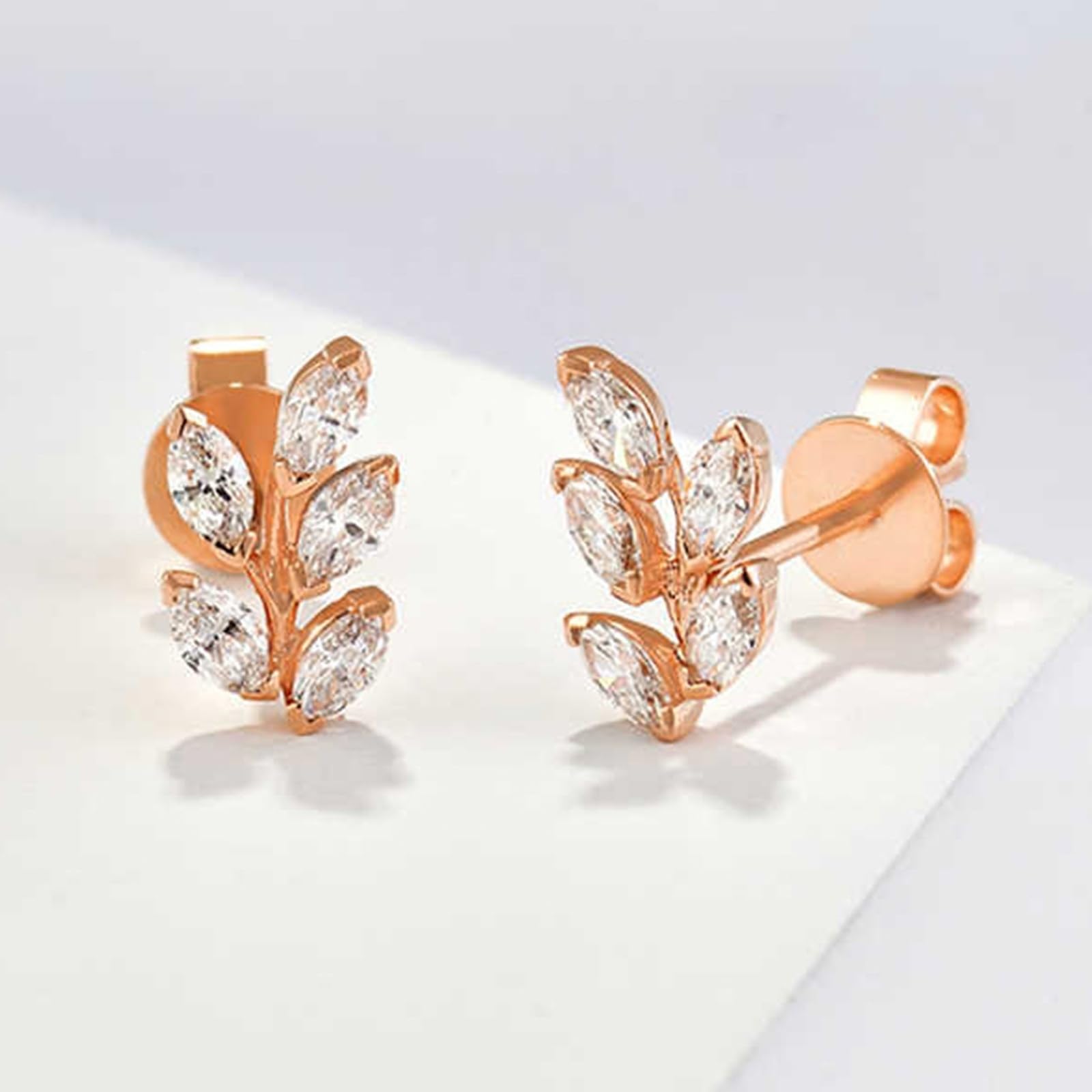 Pendientes de oro rosa con diamantes marquesa de 9 quilates, 14 quilates y 18 quilates, aretes de tuerca de oro real para mujer