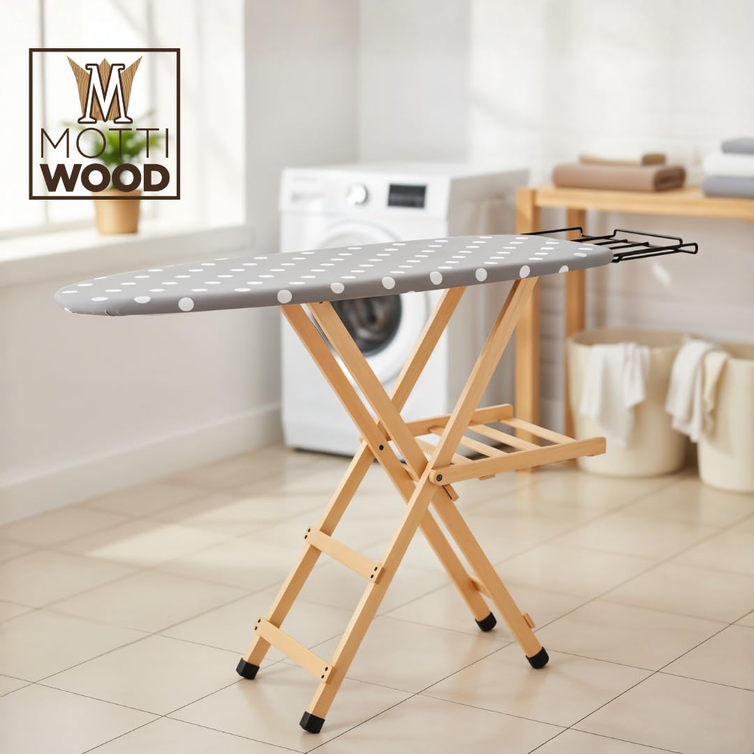Asse da Stiro Premium, 100% Legno Massiccio di Faggio, Tavola da Stiro con Fori Traspiranti, Pieghevole, 3 Posizioni, 143x37,5x93,5, Made in Italy