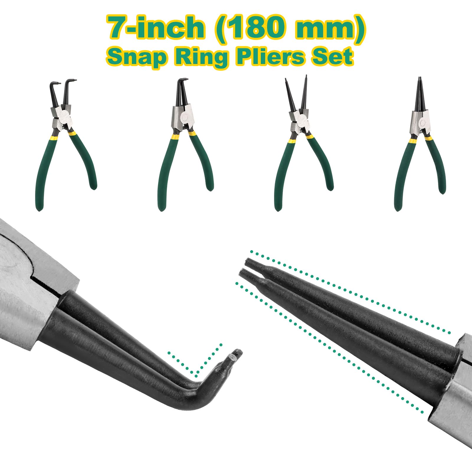 Set di 4 Pinze per Anelli di Sicurezza, 180mm Pinza per Anelli Elastici con Borsa Portatile, Pinze ad Anello Elastiche con Impugnatura Antiscivolo, Punte Dritte e Curve per Bloccaggio Interno ed Ester