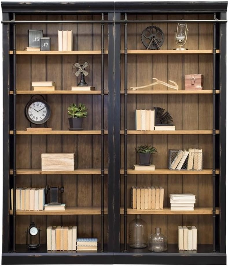 Pemberly Row 8' Black Tall Wood Bookcase Wall with Ladder Aged Office Bookcases