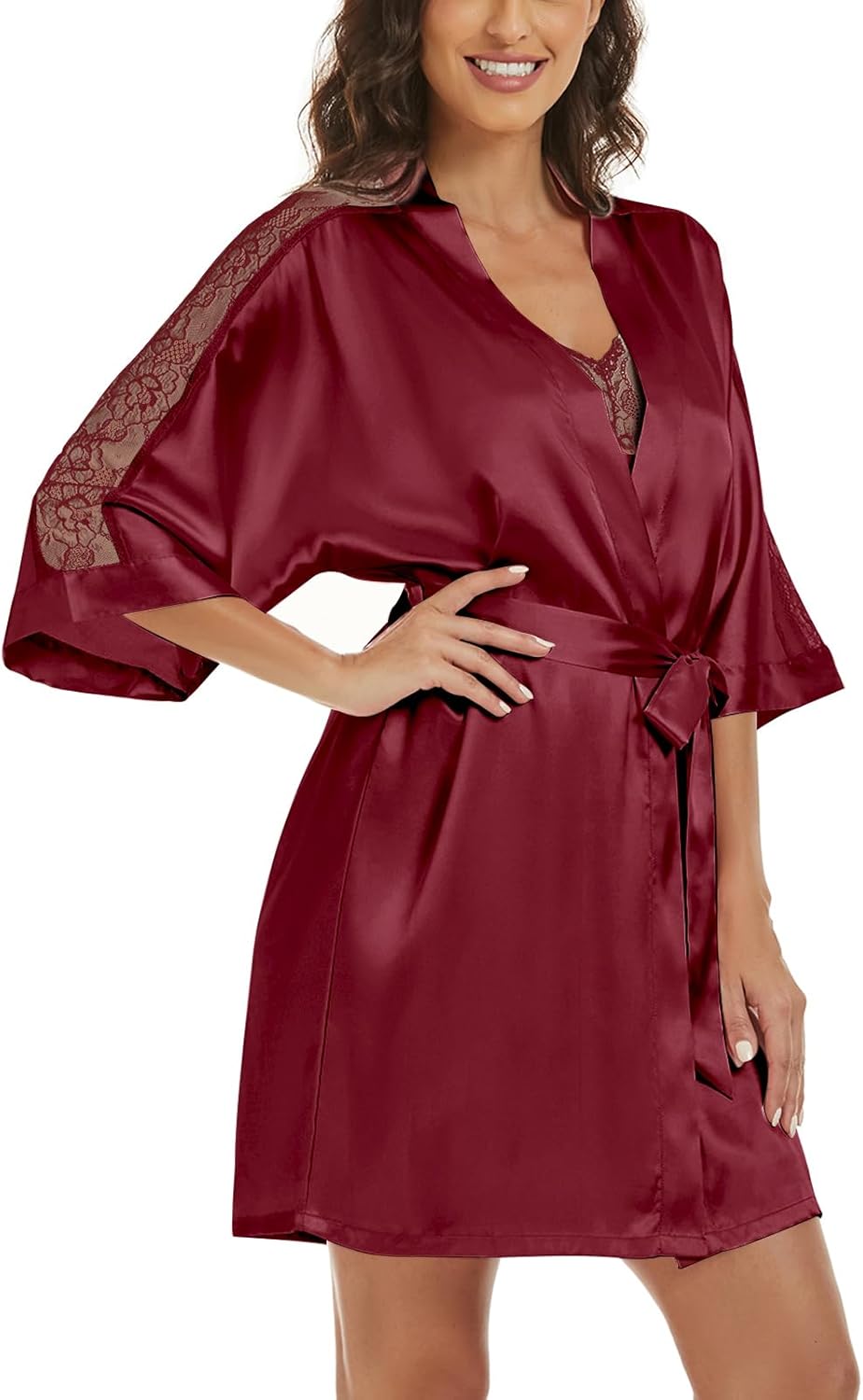 Women's Silk Pajama Sets Satin Robe with Nightgown 2 Piece Sleepwear Sexy Lace Cami Nightwear Kimono Bridesmaid Robes - Image 2