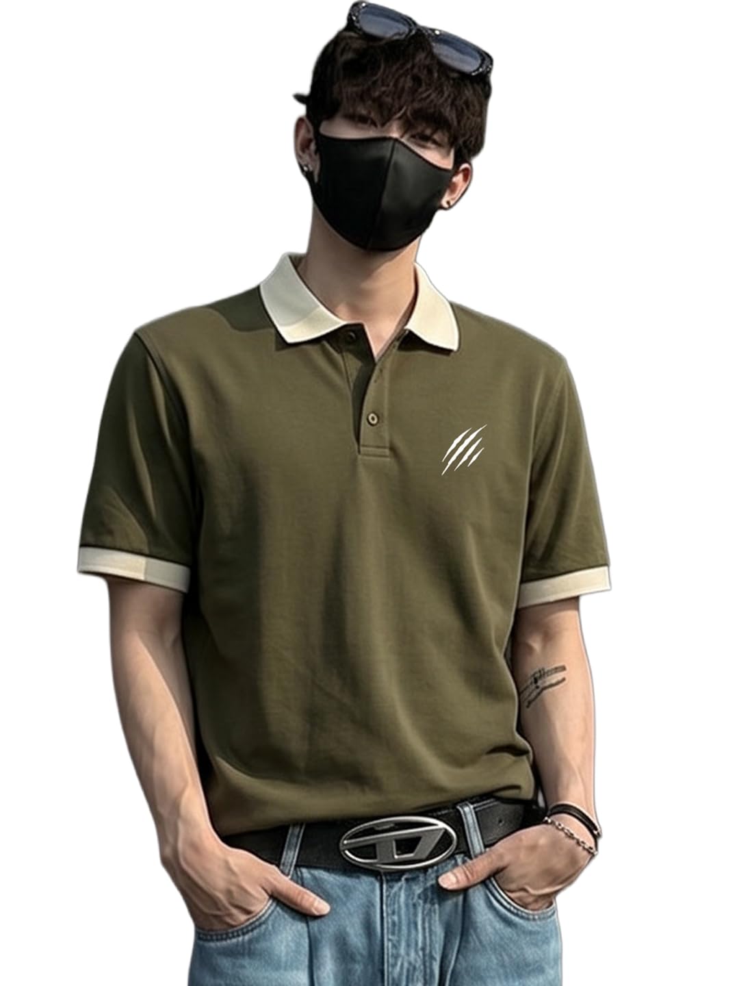 leotude Men's Solid Olive Polo T-Shirt with Beige Contrast Collar | Regular Fit Half Sleeve Polo Neck Tee | Comfortable Everyday Casual Wear (Color : Olive)-picture-51