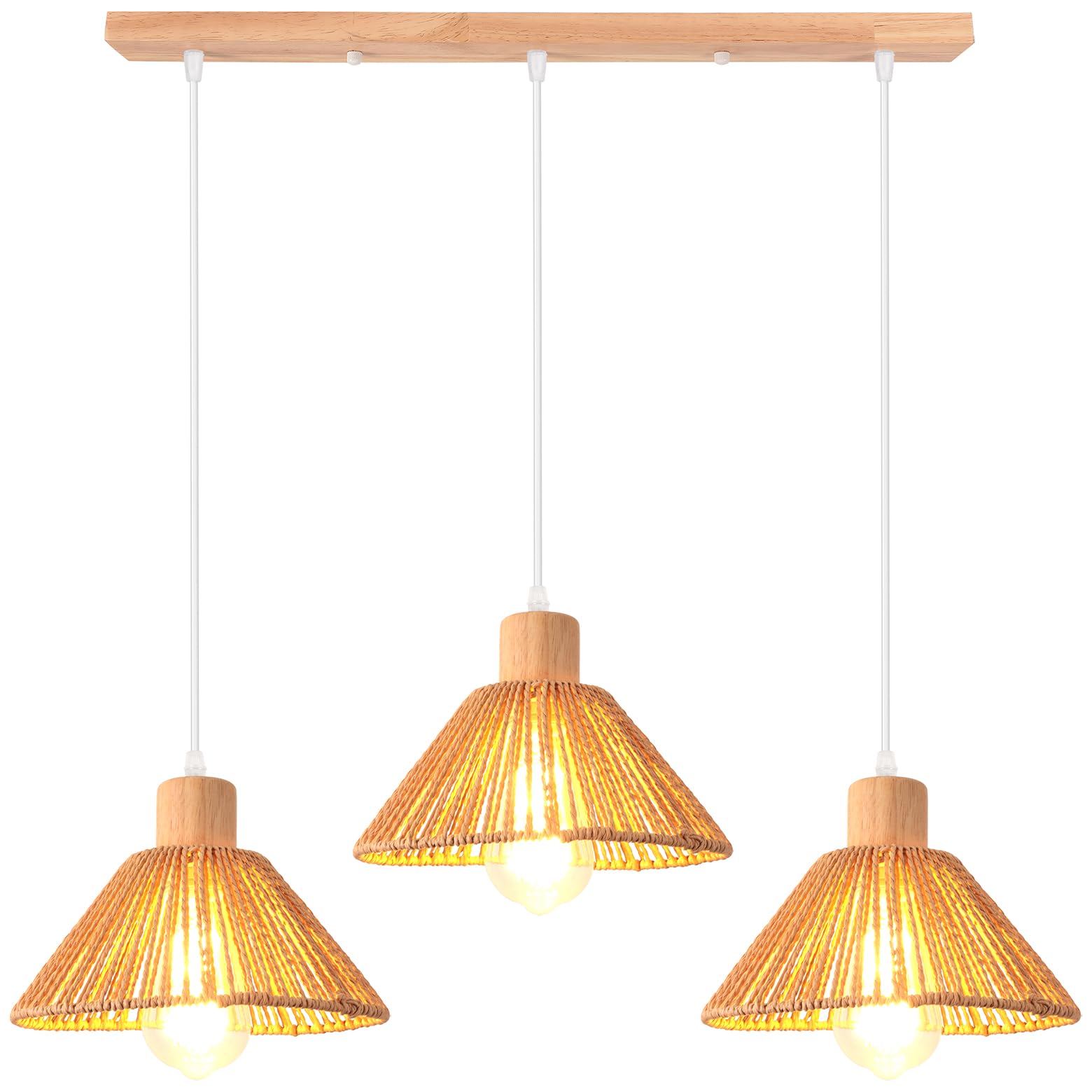 iDEGU 3 Lampes Suspension Luminaire en Rotin et Bois Vintage 22cm Plafonnier Abat-jour Tissage Lustre Style Bohème Rétro E27 Suspension pour Salle à Manger Salon Cuisine Restaurant (Barre, Marron)
