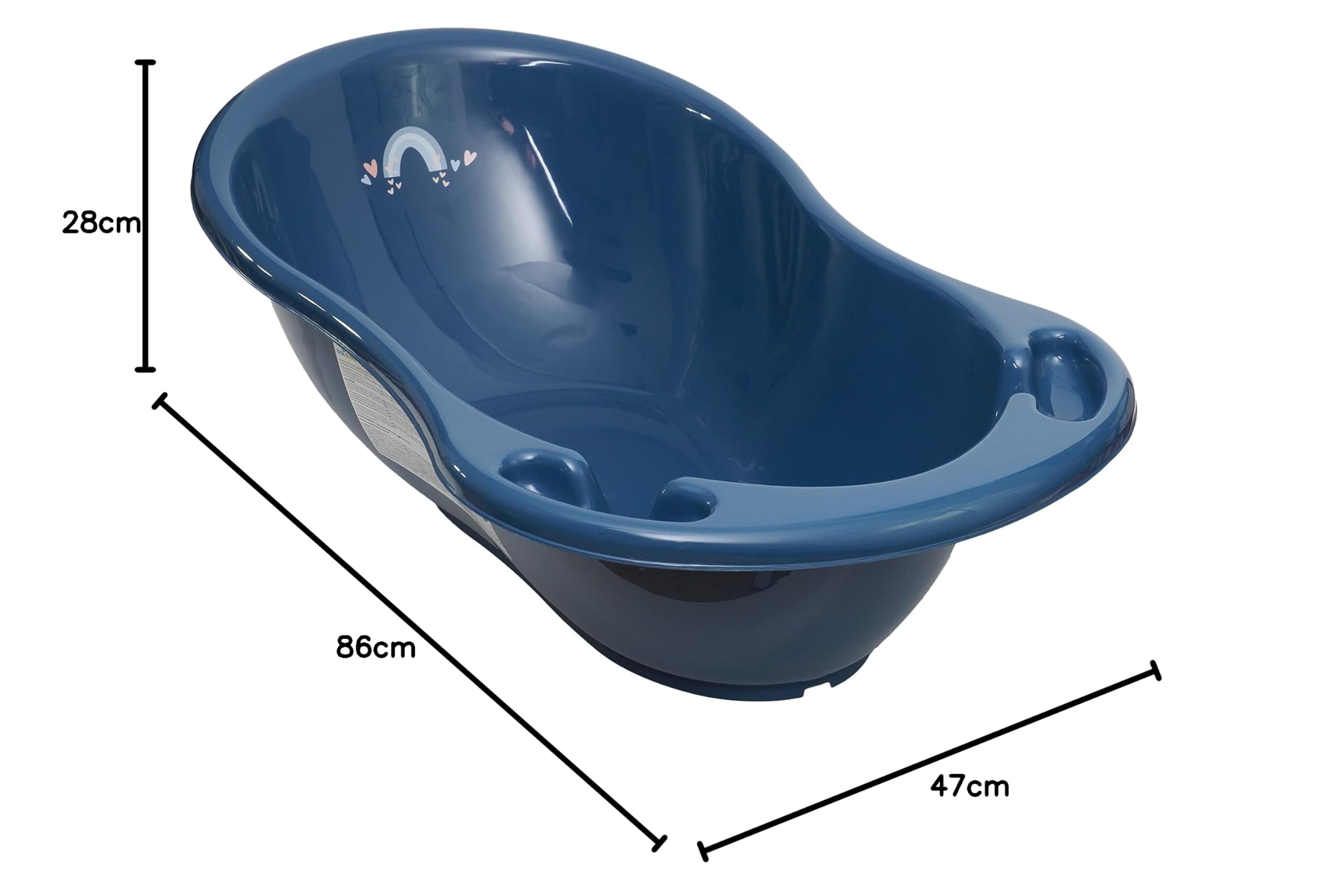 TEGA BABY Piccola vasca da bagno per neonati e bambini, forma anatomica con foro di scarico e tappo certificato TÜV, plastica resistente, facile da pulire, 86 x 57 cm, blu marino