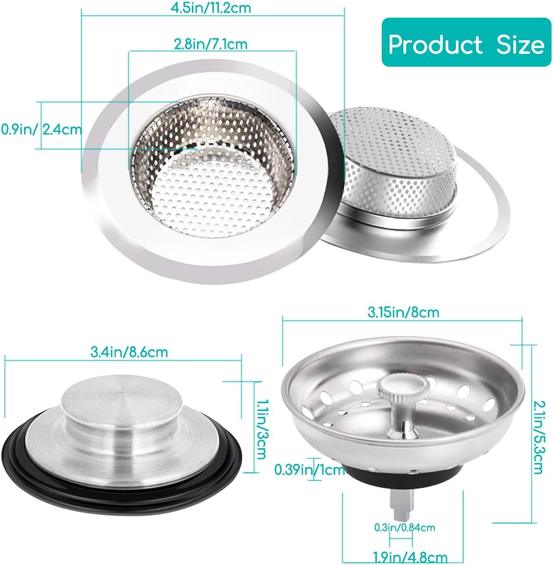 4 Pack Kitchen Sink Strainer Drain Stopper, Anti-Clogging Sink Strainer Basket Catcher, Stainless Steel Garbage Disposal Sink Plug for Most Drain