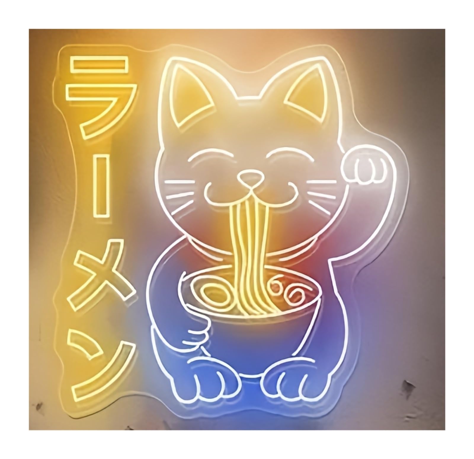 Shouxi F Sign Lamp Lucky Cat Eating Ramen Neon Sign Restaurant Kitchen Wall Decor Shop Signage Cat Ramen Noodles 60X63cm(F)