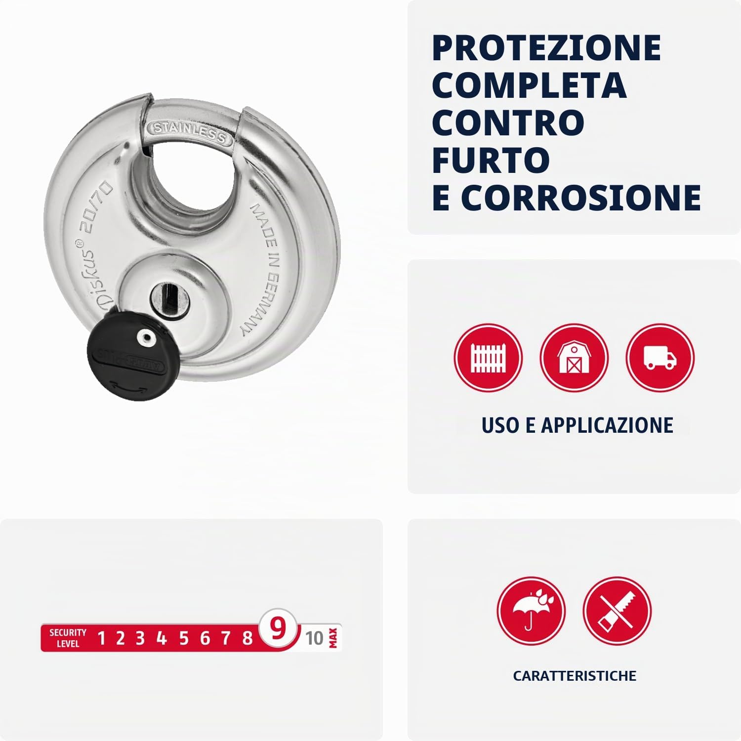 ABUS Lucchetto Diskus 20/70 - Sicurezza Livello 9, Impermeabile | Corpo e arco in acciaio inox - cilindro ABUS-Plus anti-manipolazione - 70x70x30,5 mm - protezione sporco e spruzzi