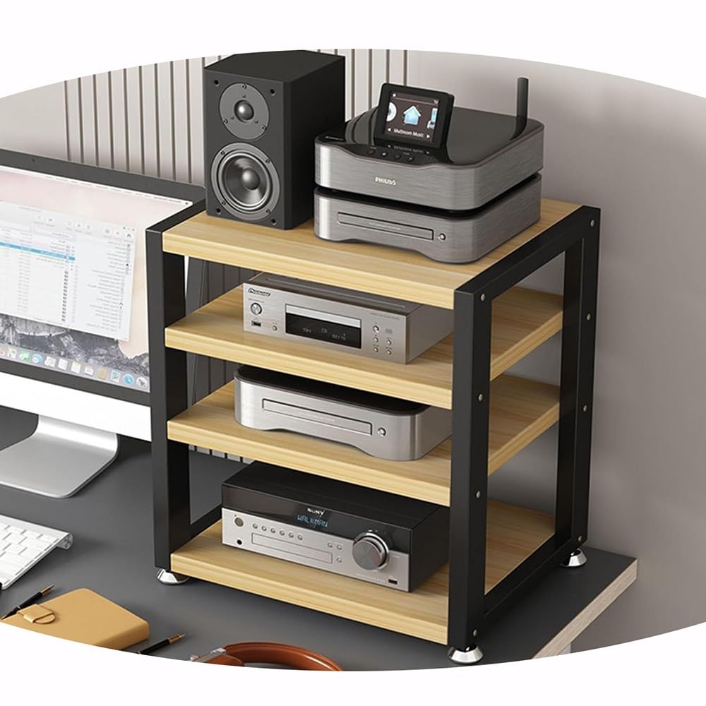 Estante for consola de juegos, amplificador de escritorio de 3 niveles, estante HiFi, soporte multimedia AV con estantes de madera, torre de audio de esquina(Wood,4 Tier)