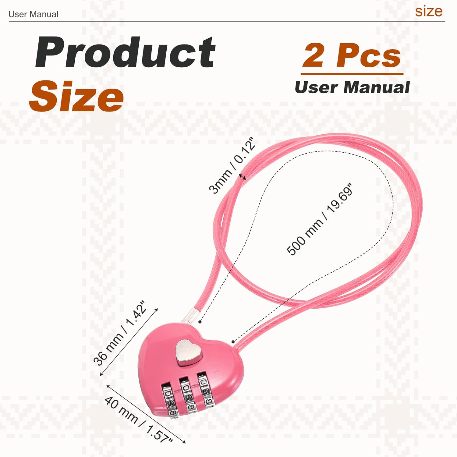 PATIKIL Heart Shaped Combination Padlock (19.7 Inch, Pink)(2), 3-Digit Combo Padlock Love Locks with Steel Wire Rope, Suit for Gym Locker/Fence/Luggage/Storage/Backpack/Toolbox/Cabinets