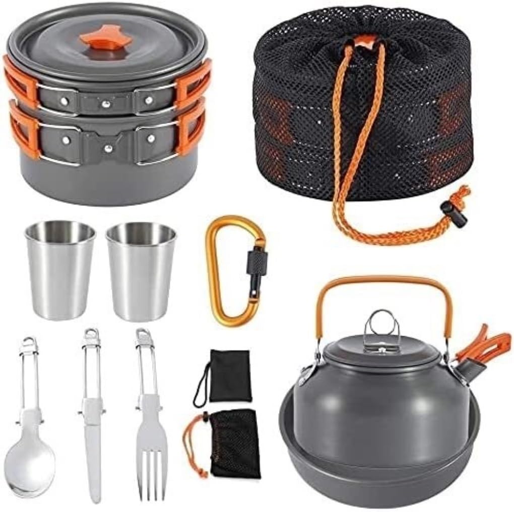 Campeggio Pentole Kit Di Pentole Da Campeggio Set Da Cucina In Alluminio Per Esterni Per 2 O 3 Persone Padelle Da Campeggio Pieghevoli Antiaderenti Trekking Escursione ( Color : Oranje , Size : 9pcs )