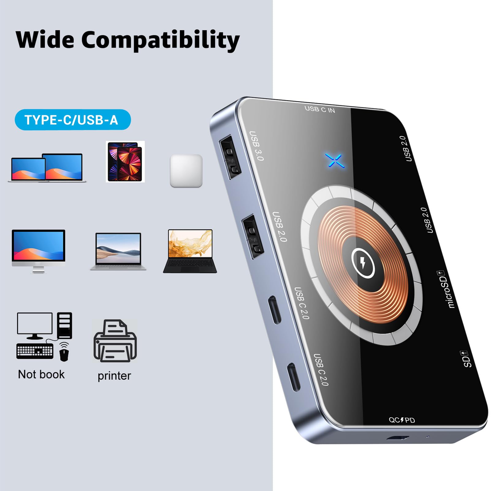 Goshyda 10 en 1 Hub USB con Cargador Inalámbrico Magnético