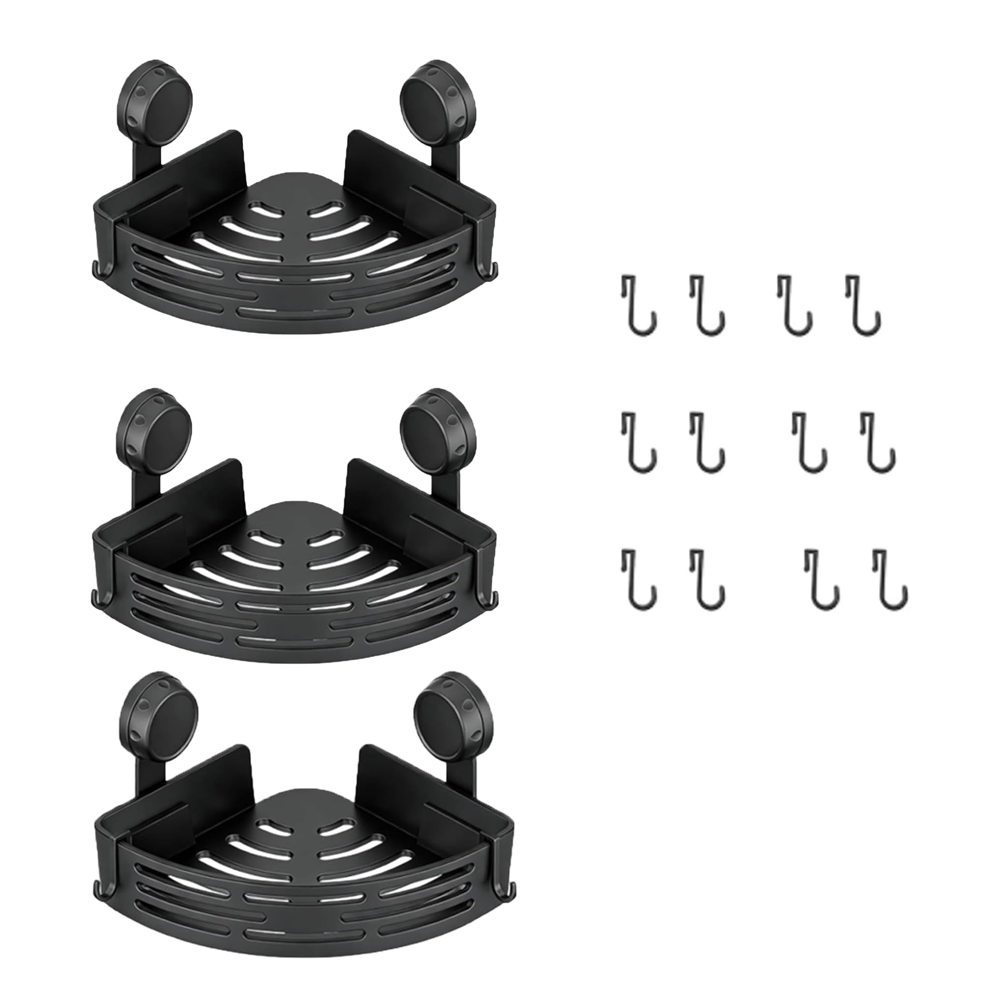 3er-Pack Dreieckiger Duschkorb Mit Saugnäpfen Und 12 Haken, Eckregal Mit Saugnäpfen, Bohrfreies Duschregal Für Bad Und Küche (3, Schwarz)