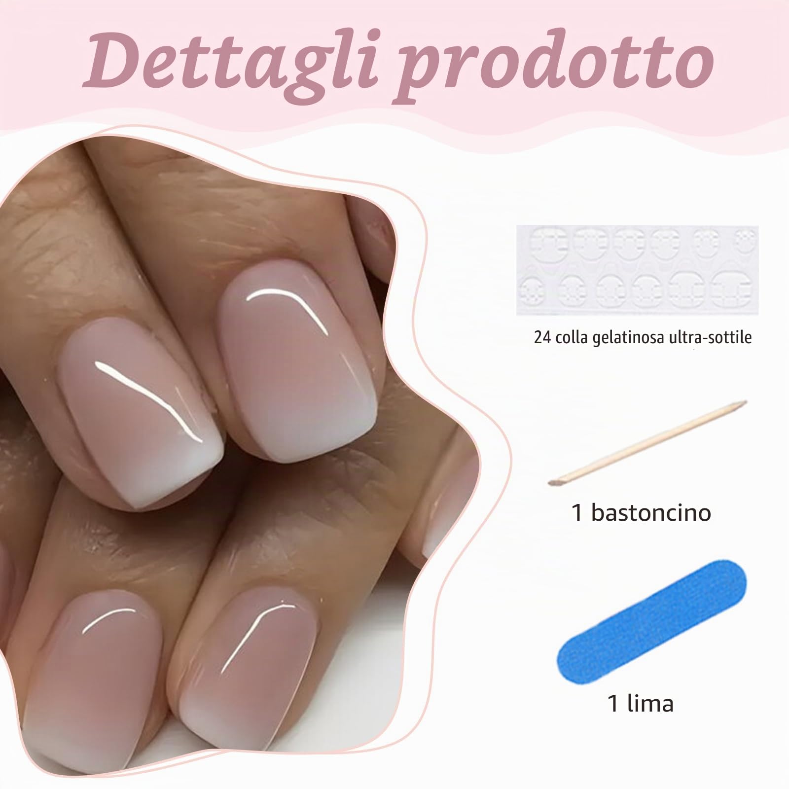 24 Pezzi Gradient Pink Press on Unghie Finte con Sfumatura Bianca Lucide - Copertura Completa Acriliche da Incollare