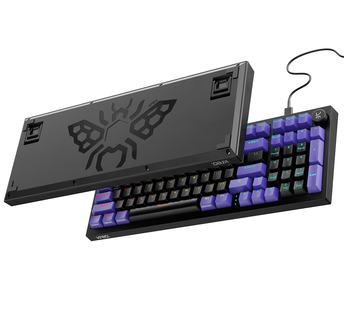 kreo hive full-size gaming keyboard with 98-key design, outemu switches,5-pin hot swap, metal volume knob, customizable rgb, case foam, red switch (black purple- red switch)
