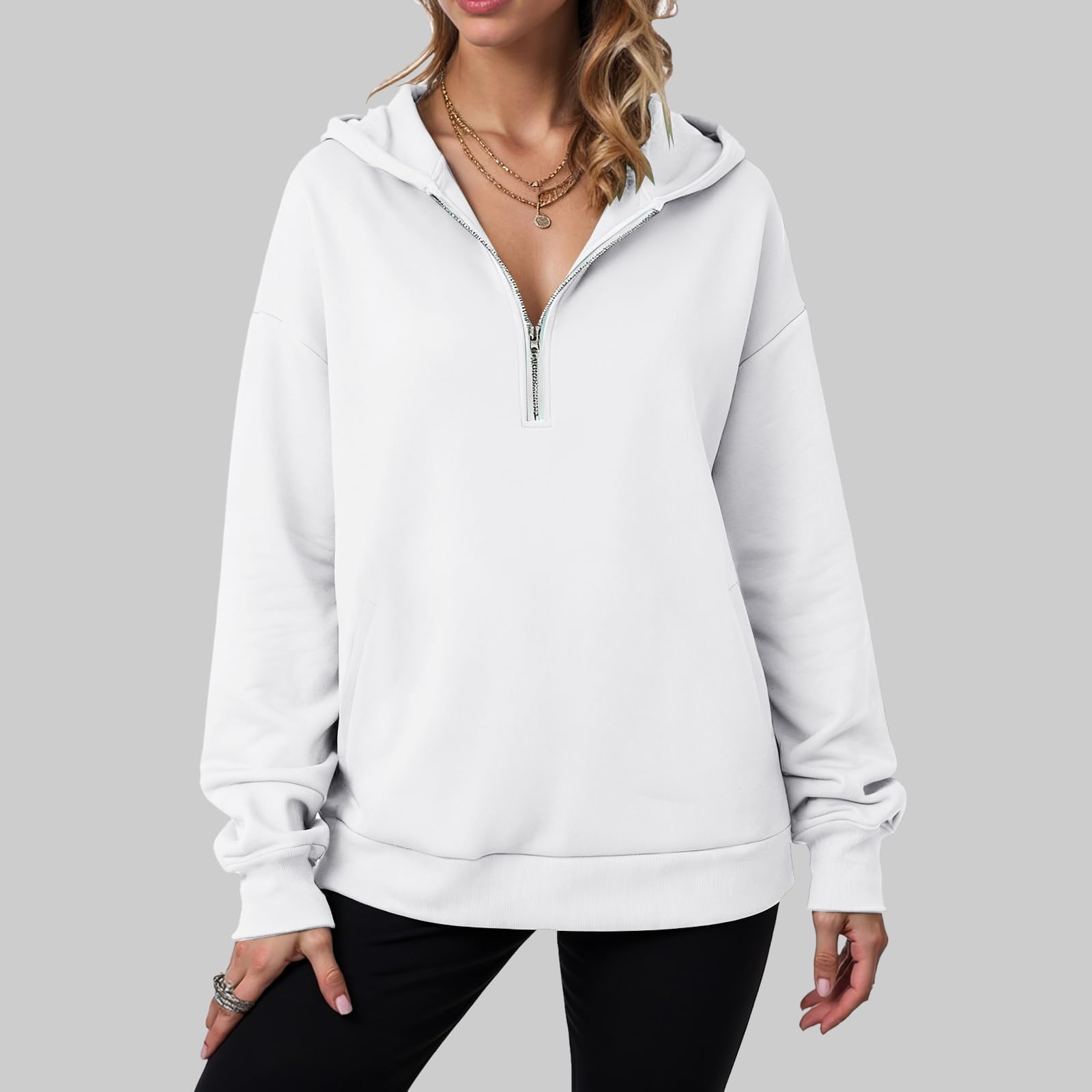 Felpa Oversize con Cappuccio e Mezza Zip da Donna con Tasche Laterali Felpa in Maglia