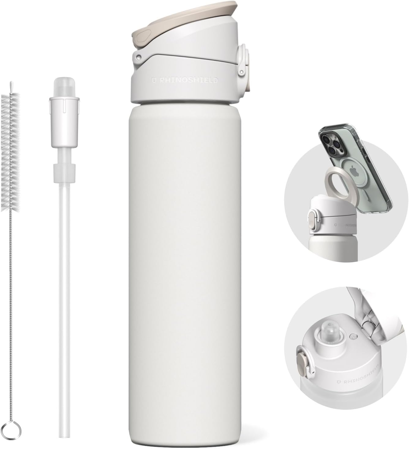 RHINOSHIELD AquaStand Magnetic Bottle 23 oz | Stainless Steel Insulated Water Bottle with Straw Lid, Sport Bottle with MagSafe Compatible Handle, Tripod with Adjustable Angles, Leak Proof - White