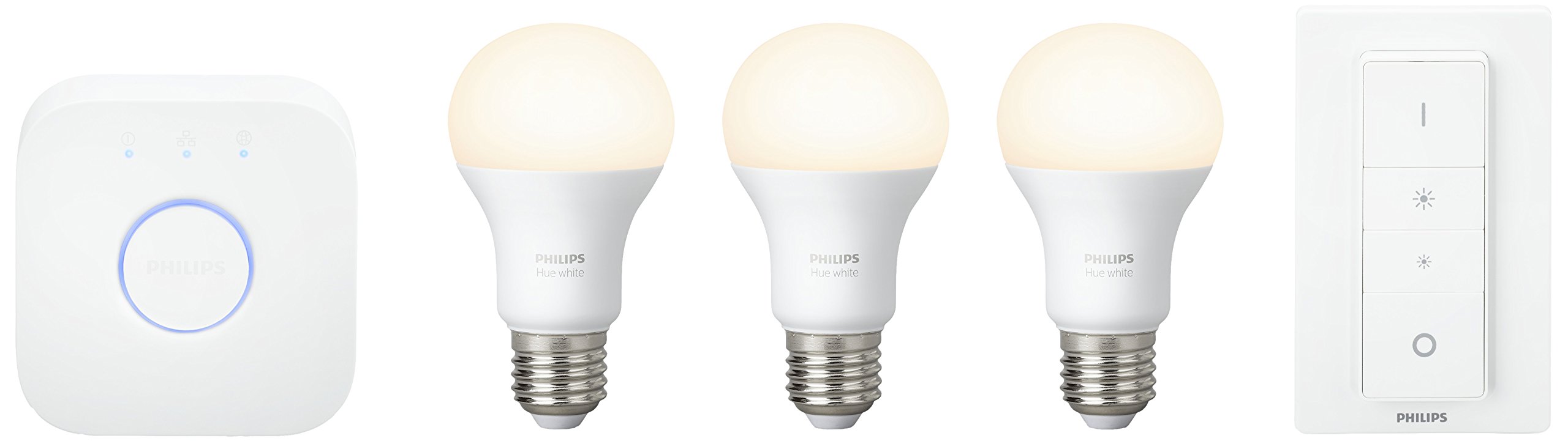 Philips Hue White - Set de 3 bombillas LED E27 con puente e interruptor, 9.5 W, iluminación inteligente, luz blanca cálida regulable, compatible con Apple Homekit y Google Home