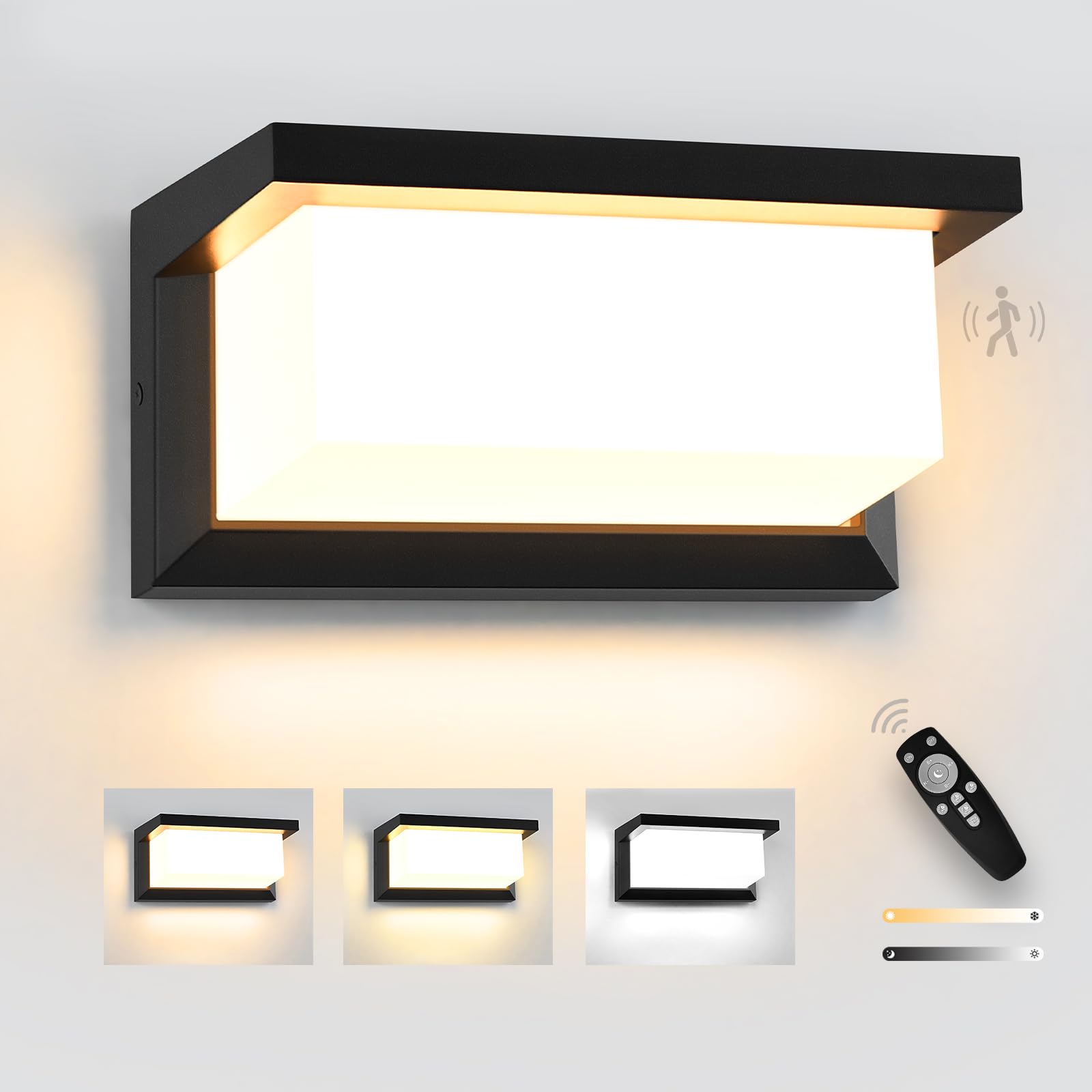 YindaLux 18W LED Lámpara de Exterior con Detector de Movimiento, Aplique con Mando a Distancia, IP65 Lámpara de Pared Interior, 3000-6500K, Lámpara de Exterior Regulable para Jardín, Negro