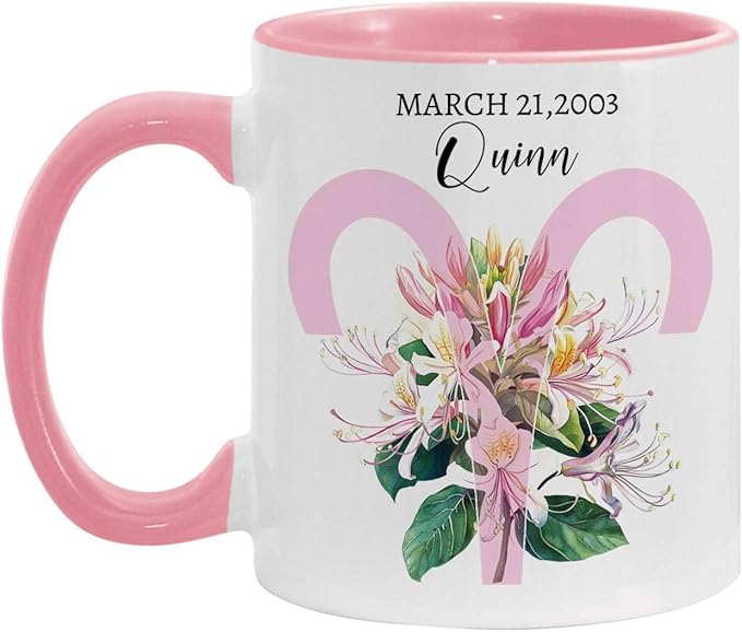 Personalized Aries Accent Mug 11oz 15oz, Custom Name & Date Honeysuckle Floral Cup, Aries Zodiac Sign Cup Gift, Customized Zodiac Horoscope Coffee Mug, Gift For Him