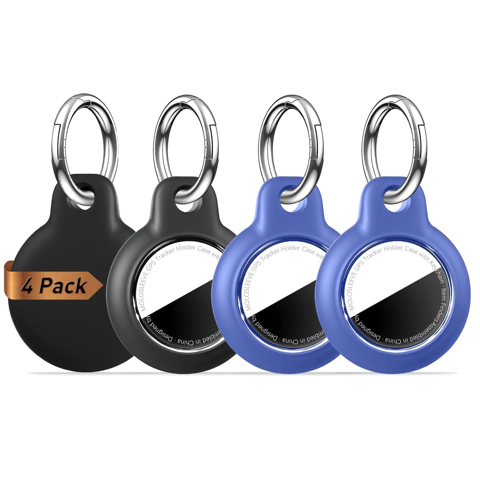 MOLOSLEEVE [4 Pack with 2 Keychain Styles Waterproof Holder Case for AirTag 2nd Gen 2026 & 1st, Clear Protective Cover for Air Tags, Anti-Scratch Keyrings for Men Women, 2 Black/2 Blue D5-black/Black/Blue/Blue(clear Cover+2 Rings)