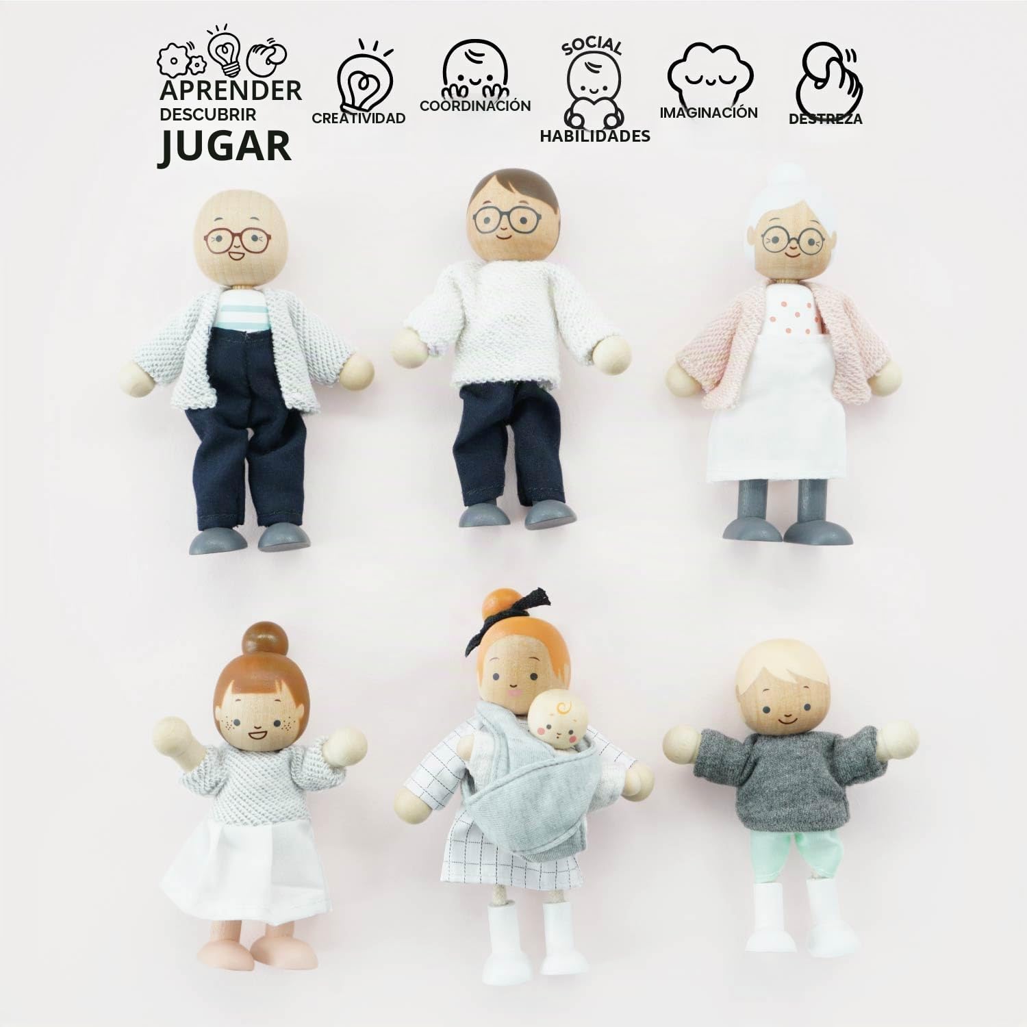 Le Toy Van - P053 - Familia para casa de muñecas en Madera certificada FSC, 3 años, Set 7 muñecas, Montessori, Accesorios, Personajes en Miniatura para casa de muñecas