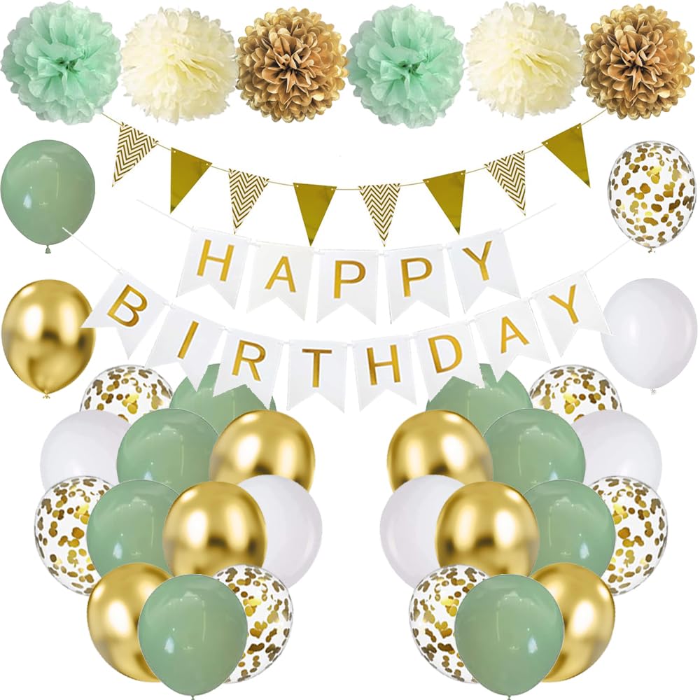 Geburtstagsdeko Grün Gold, Geburtstag Party Deko Avocado Grüne Gold Luftballons, Happy Birthday Banner, Pompons 18-60.Geburtstag Party Dekoration