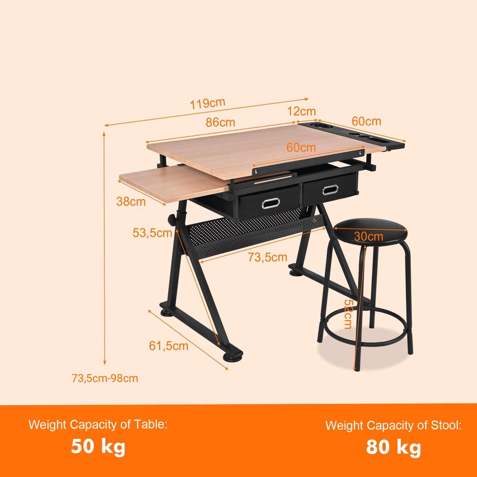 LIFEZEAL Set Tavolo da Disegno e Sgabello, Scrivania e Sedia, Piano Inclinabile, Regolabile in Altezza, 2 Cassetti, in Legno+Metallo, Principiante, Studente, Pittore, Studio, Liceo Artistico (marrone)