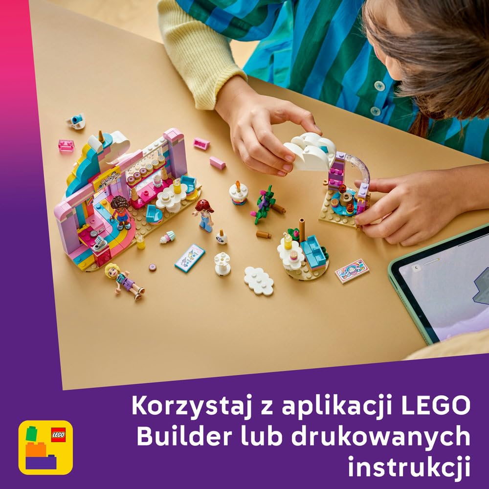 LEGO Friends Jednorożcowa kawiarnia, trzy minilaleczki i tęczowy jednorożec, zabawka dla dziecka do odgrywania ról, pomysł na prezent dla 6-latki na urodziny, klocki dla dziewczynki i chłopca 42684