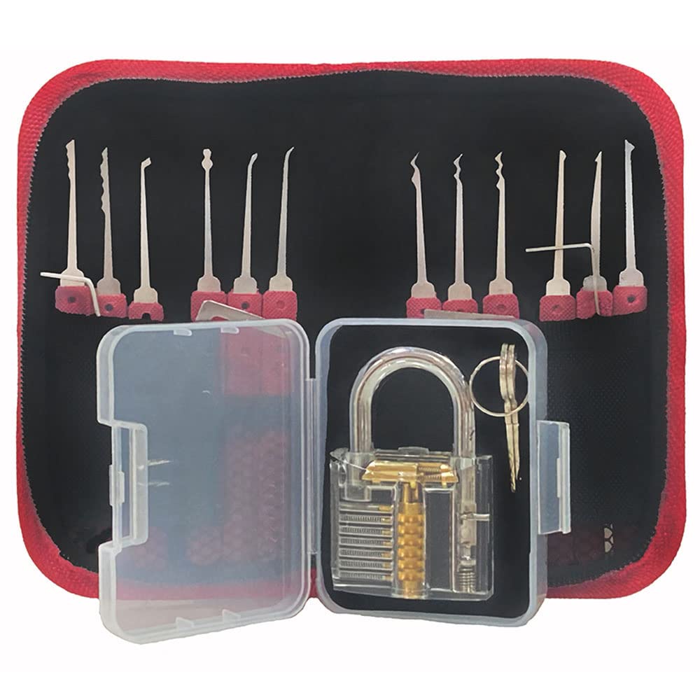27 Piece Lock Picking Set with Zipper Bag, Lock Pick Gun and 6 Piece Padlock Shim,Transparent Training Locks,Extractor Tool for Beginner and Locksmith Training(Red)