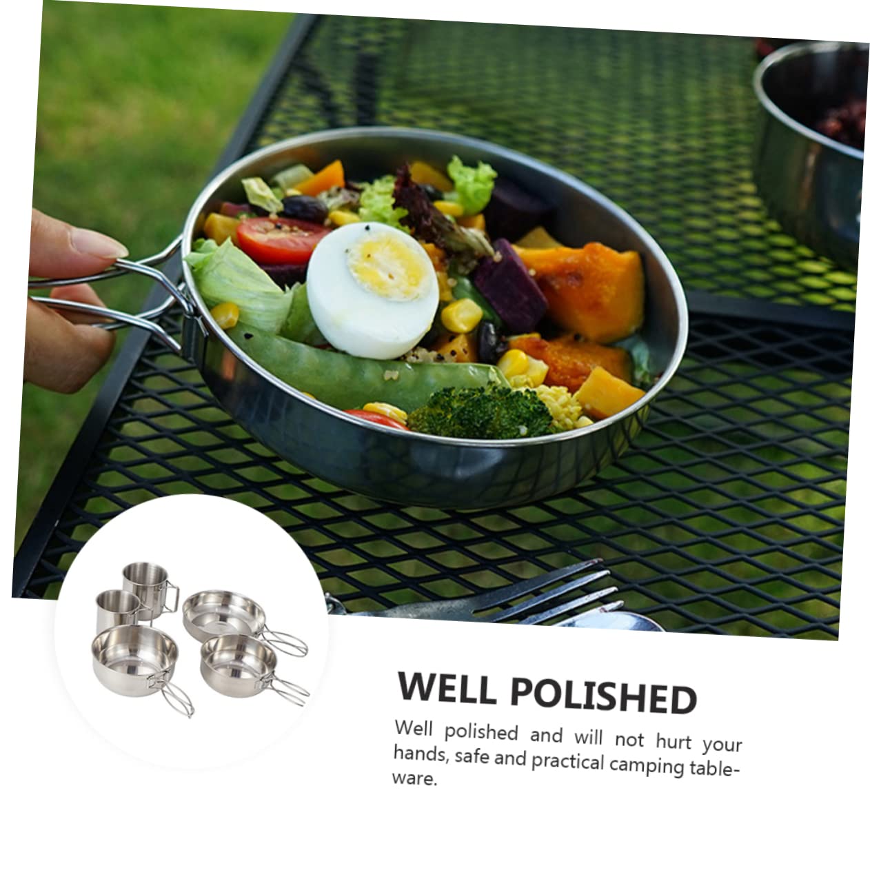 Ensemble de Vaisselle de Camping Portable 5 Pièces en Acier Inoxydable | Poignée Pliable, 1 Set Casserole, Grand Bol, Petit Bol, Grosse Tasse et Petite Tasse
