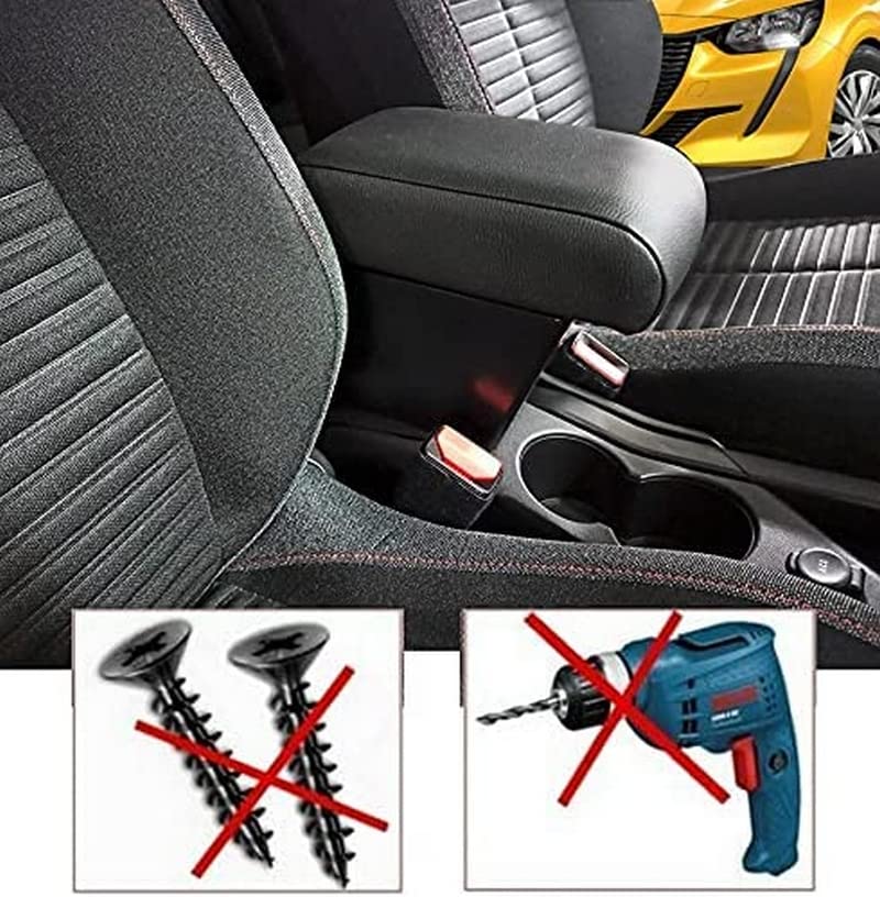 Bracciolo compatibile con Peugeot 208 nuovo, dal 2019 Bracciolo MONTAGGIO IN PUNTI ORIGINALI con portaoggetti e REGOLABILE in lunghezza in eco pelle nero