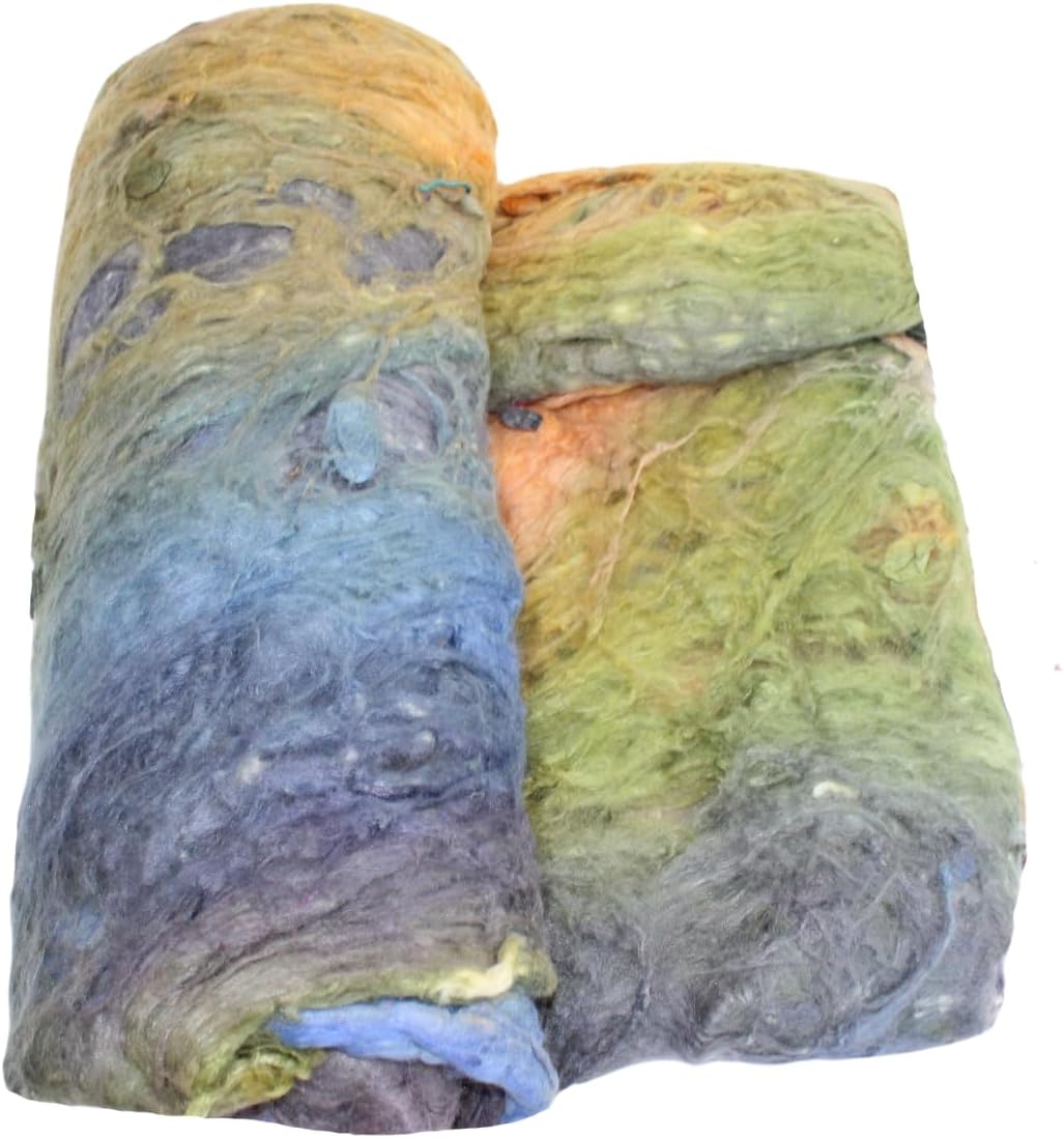 Knitsilk Premium A-Grade Mulberry Silk: Hand-Dyed Blue and Orange Fibers for Needle Felting, Wet Felting, Spinning, Knitting, and Sewing - 500g Mulberry Cocoon Sheet & Silk Filament Sheet