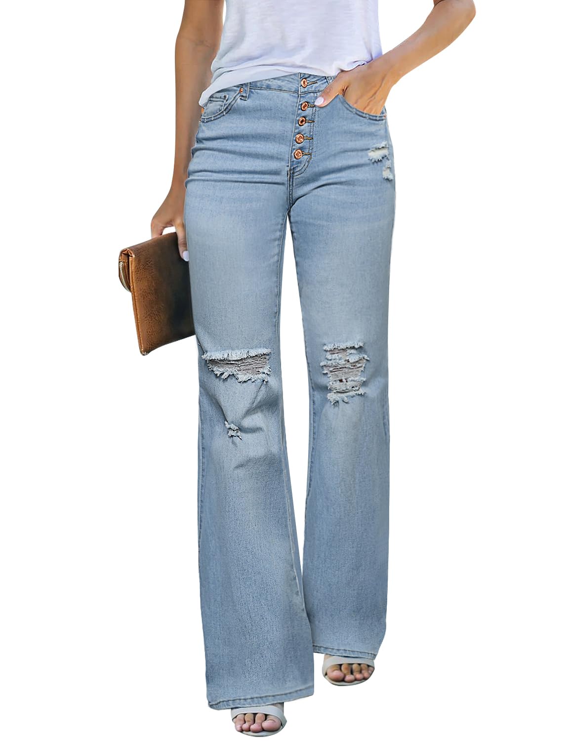 LookbookStore High Waisted Ripped Flare Jeans for Women Distressed Bell Bottom Jeans Wide Leg Pants