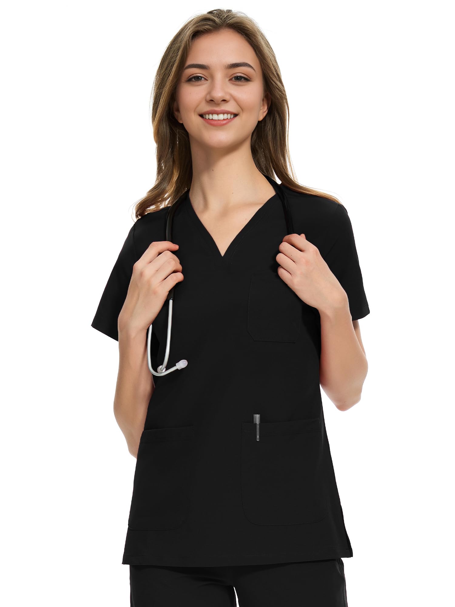 COZYFIT Medical Scrub Tops for Women - Soft Stretch,Curved V-Neck Scrub Tops with 3 Pockets