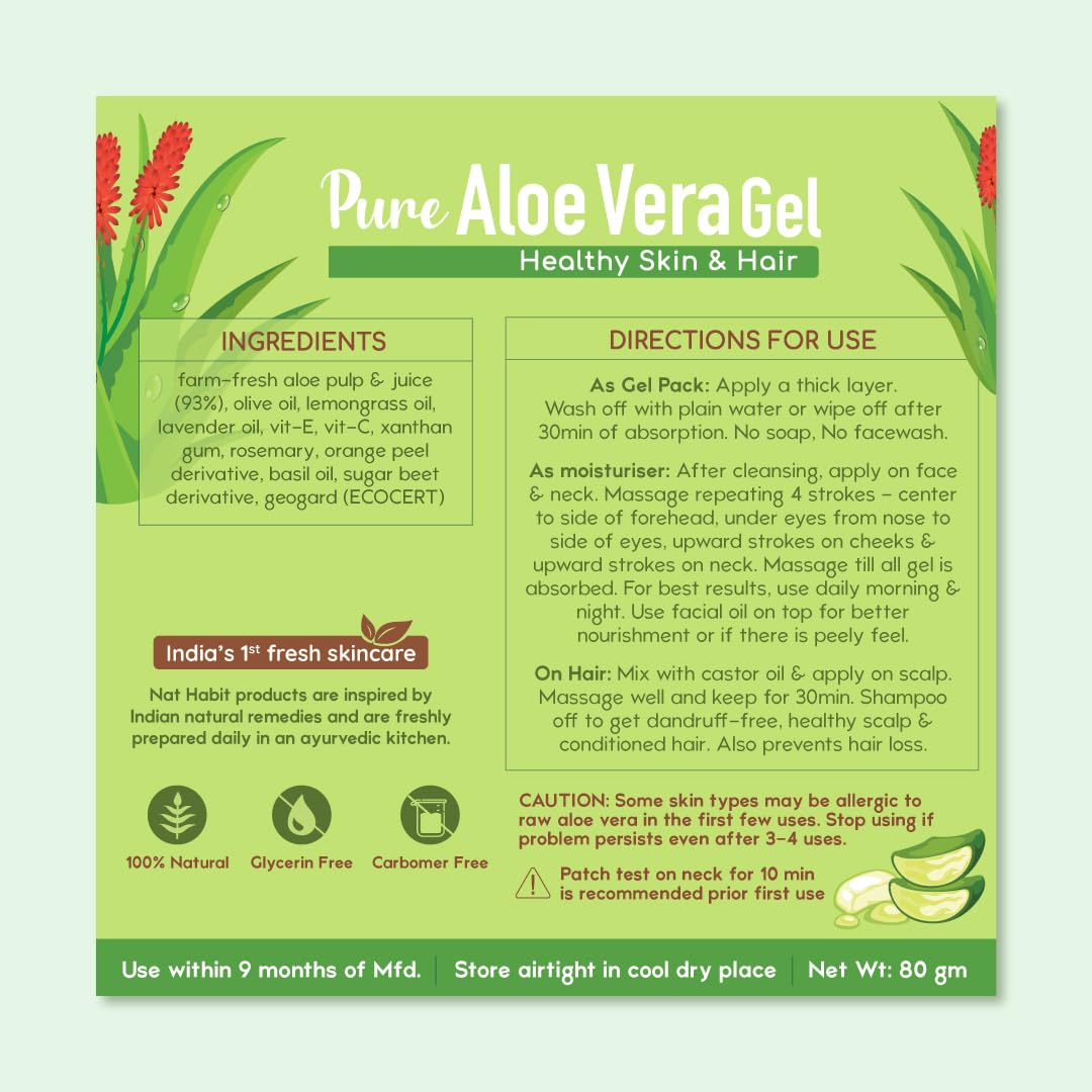 Nat Habit Pure Aloe Vera Face Gel For Healthy Skin & Hair, Natural Oil Free Moisturizer & Anti-Dandruff - 80 gm Each (Pack of 2)