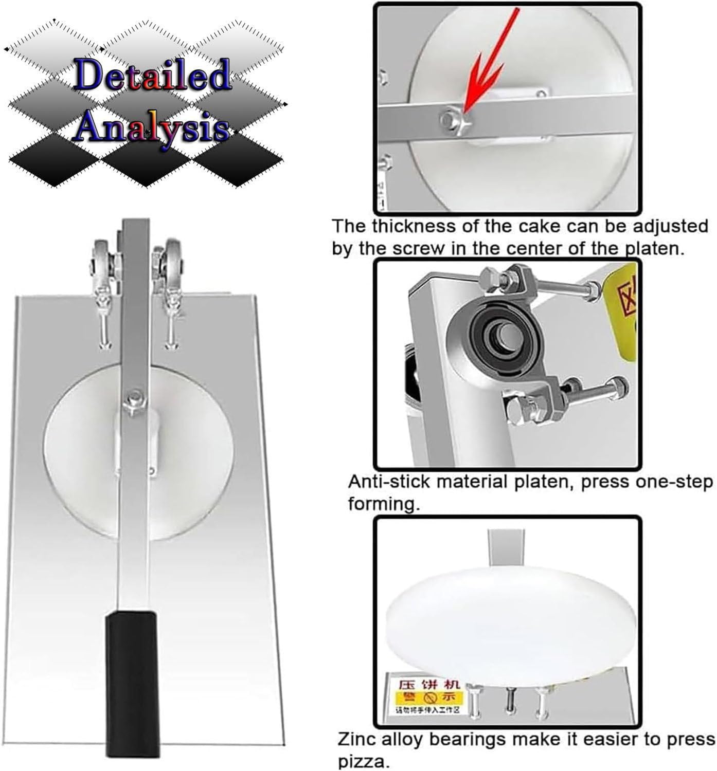Gewerbliche Pizzabodenpresse, manuelle Pizzapresse, Verstellbarer Auslegerwinkel, 12–24 cm Antihaft-Druckplatte, für Pfannkuchen, Entenbrust, 18 cm