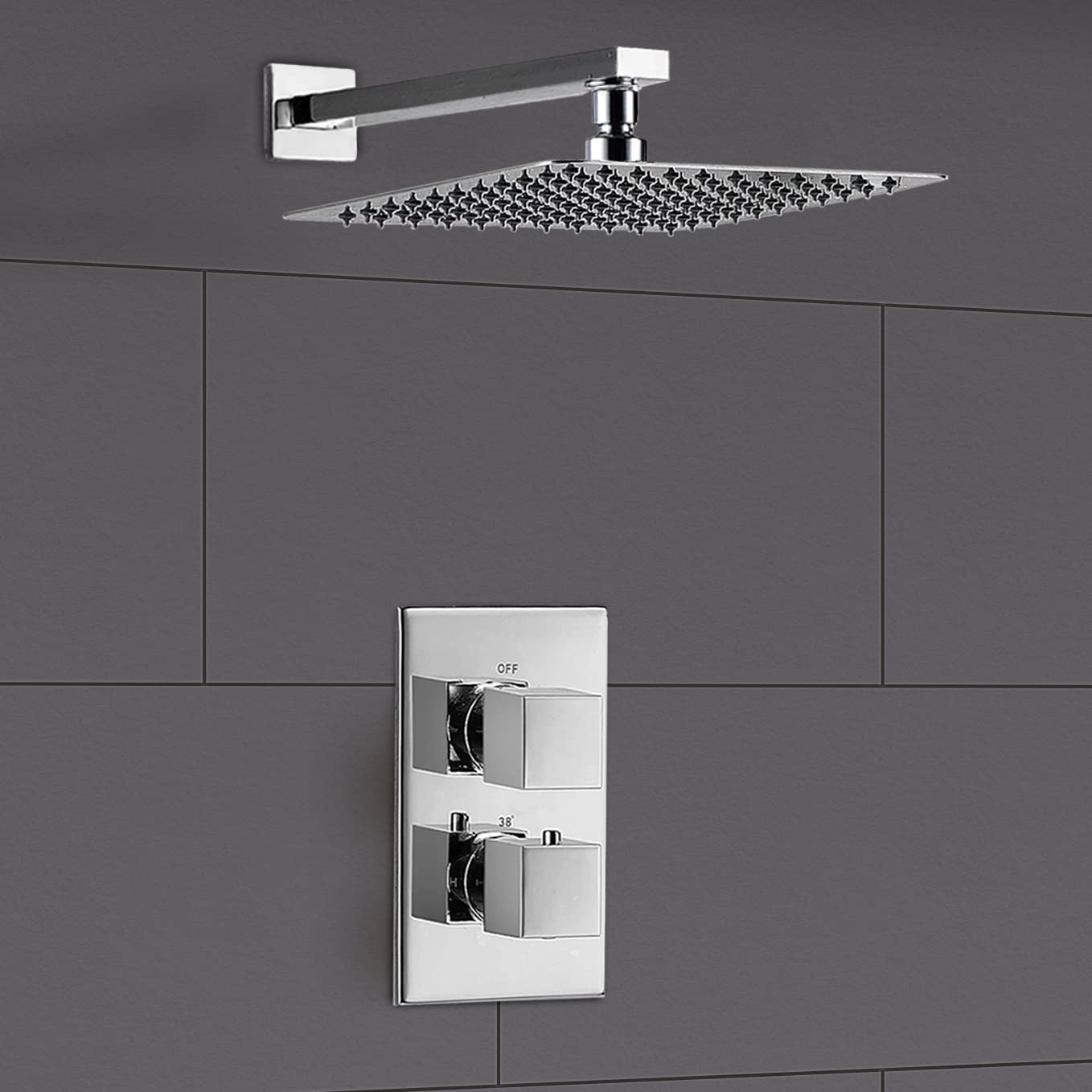 Nes Home | Lily Square Thermostatic Concealed Mixer Brass Valve 2 Dial 1 Outlet + 200mm Thin Shower Head + Arm