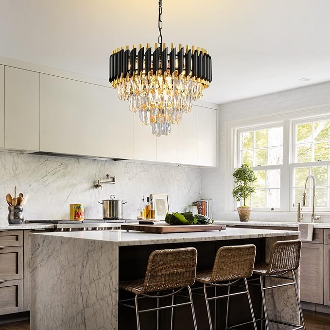 Image of DREAMY DESIGNS Chandelier Lights for Ceiling Black Gold 500 MM 4-Tier Crystal Chandeliers for Living Room with 3 Mode LED Light Plate for Hall Modern Jhumar Designer Bedroom and Dining Room