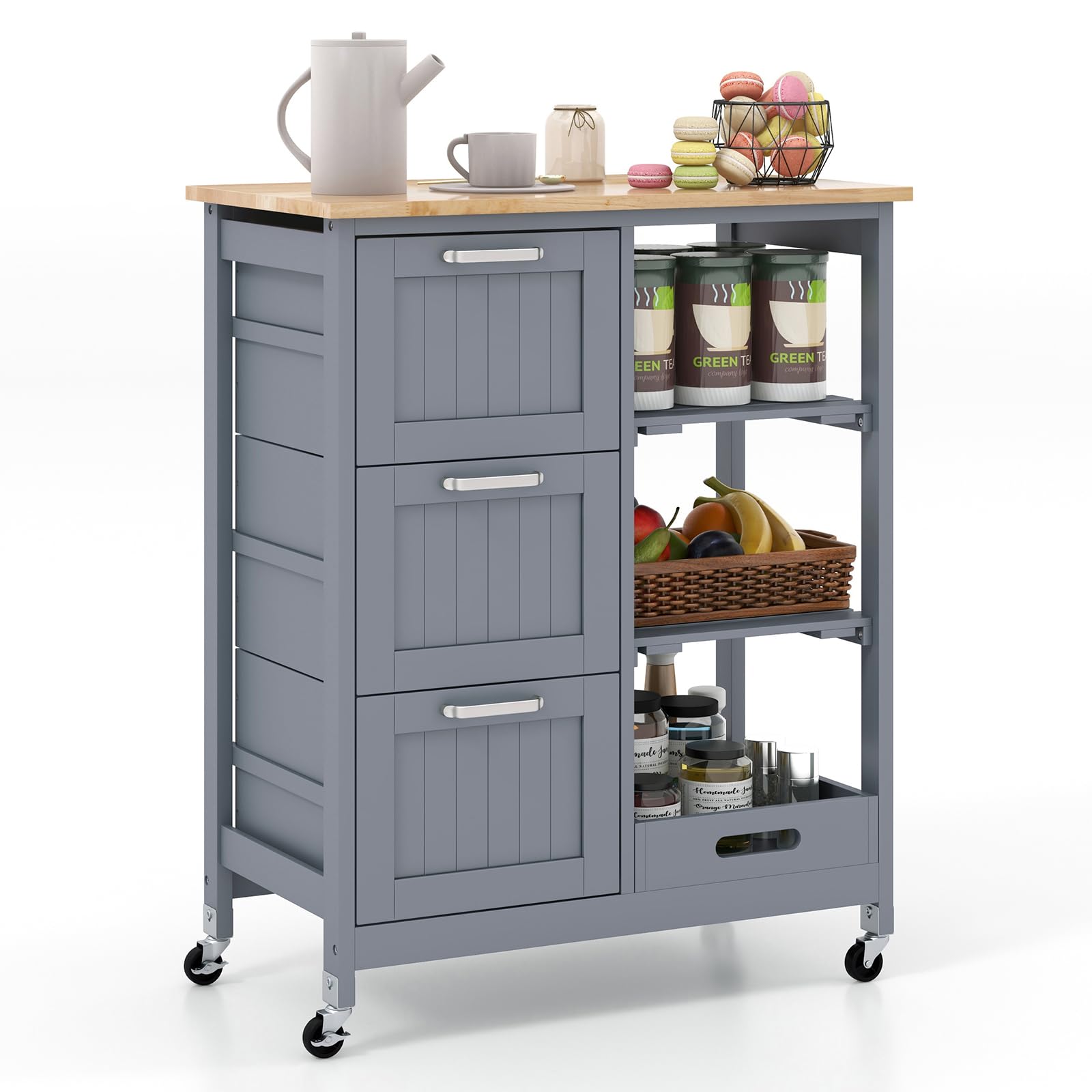COSTWAY Carrito de Cocina con Ruedas Bloqueables, Carrito de Servicio Multiuso con 2 Estantes Abiertos y 3 Cajones, Bandeja Extraíble, Carro Auxiliar de Madera para Cocina y Comedor (Gris)