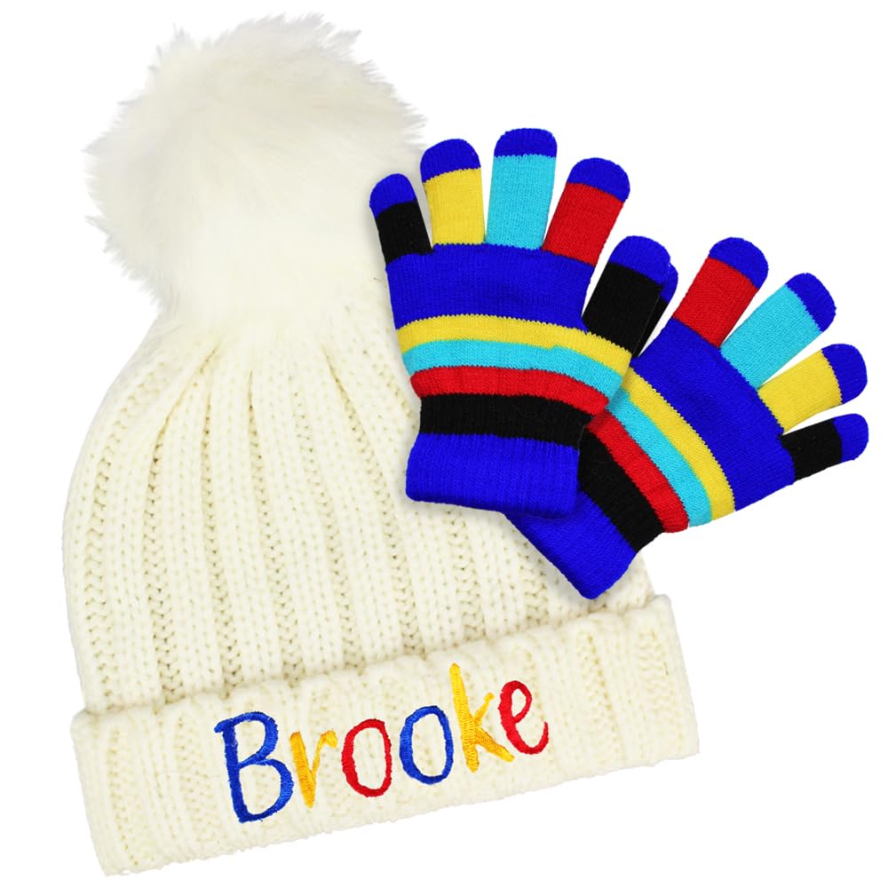 TeddyT's Personalised Rainbow Name Boys & Girls Bobble Hat & Gloves Set