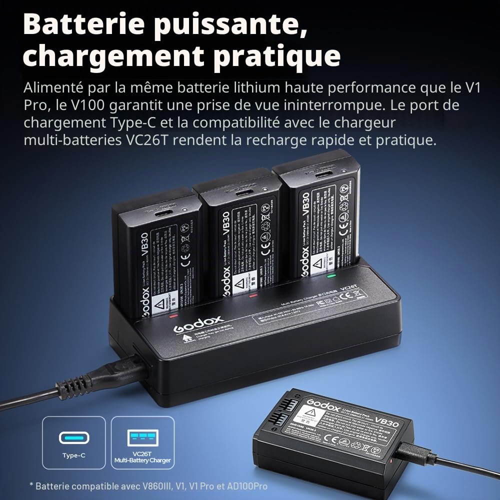 Godox V100C Flash V100-C Globalement Synchronisé Lit Lumineux 100Ws 1/8 000 Seconde, Batterie Lithium Intégrée 1/8 000 HSS, Modélisation LED 10 Niveaux, pour Appareil Photo Canon