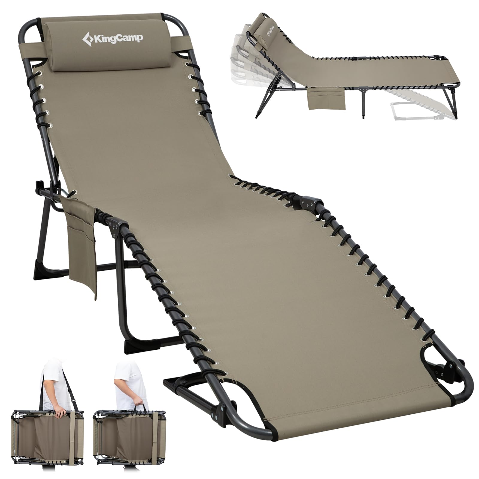 KingCamp Bain de Soleil Pliant 5 Positions Réglable Jusqu'à 180 kg, Beige | Chaise Longue Inclinable Pliable pour Jardin, Anti-Pincement Appuie-Tête Poche, Transat de Relaxation Pliant, Plage Camping