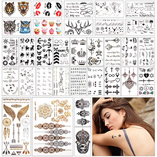 32 Sheets Waterproof Black Tiny Temporary Tattoo Metallic Gold Silver Fake Tattoo Sticker for Body Hand Neck Wrist Art Fashion