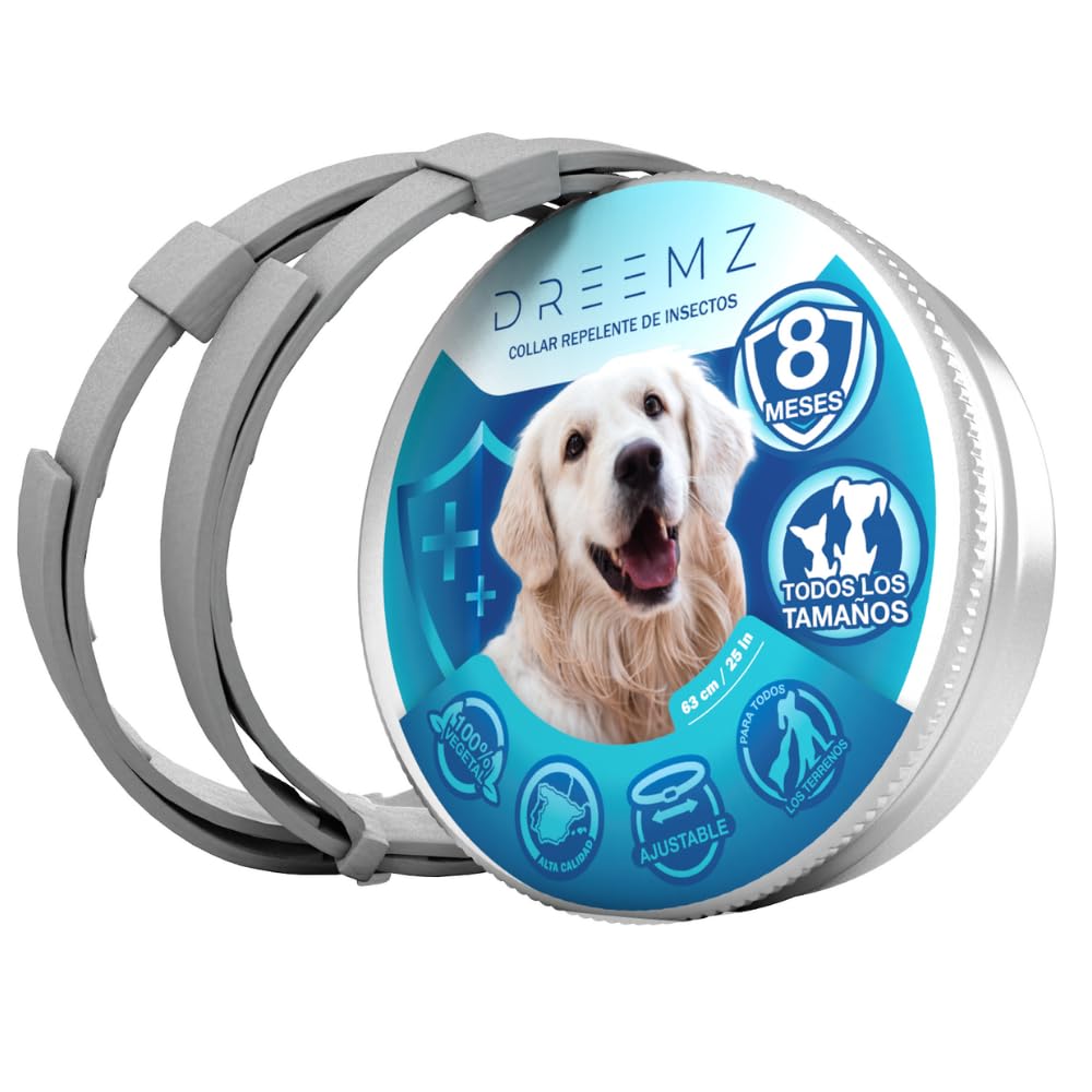 DREEMZ Collar Repelente de Insectos - Antipulgas Perros, garrapatas y Mosquitos, 8 Meses protección-63cm -100% Vegetal-Impermeable - Formatos (2 Und Gris)