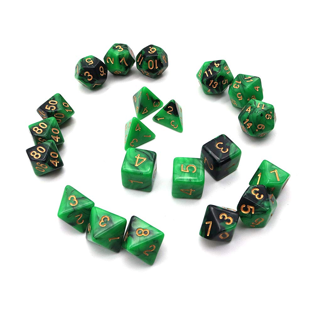 DollaTek Zestaw ko?ci wielo?ciennych, gry sto?owe, 3 zestawy ko?ci 3 x 7 (21 sztuk), seria matryc, D20, D12, D10, D8, D6, D4, DND, DND, RPG, MTG, podwójne kolory, jednocz??ciowe (czarno-zielone)
