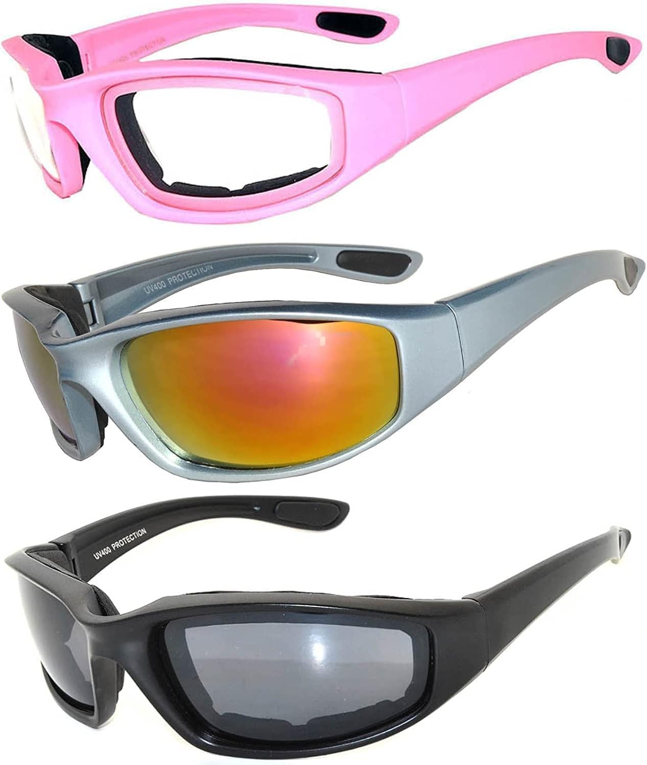 OWL Motorcycle Riding Sport Sunglasses Assorted Color Multipacks, Unisex Foam Padded Wind Blocking Glasses UV400 Protection